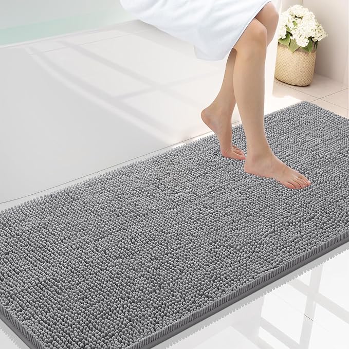 Smiry Luxury Chenille Bathroom Rugs 59x24, Extra Soft and Absorbent Shaggy Bath Mat, Machine Washable, Non-Slip Plush Carpet Runner for Tub, Shower, and Floor, Home Decor Accessories, Grey by Smiry