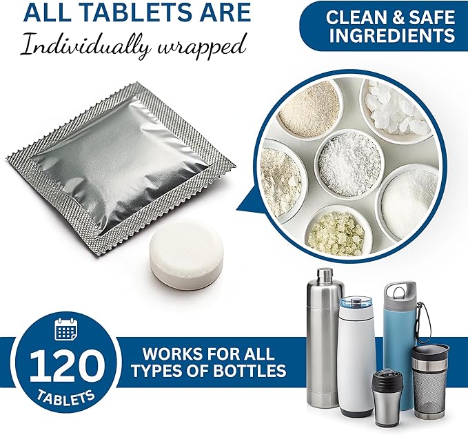 120 Pcs Water Bottle Cleaning Tablets, Bottle Cleaning Tablets for Stainless Steel Water Bottles & Tumblers, Bottle Cleaner tablets are ideal cleaner for all Water Bottles, Removes Odor & Stains - Image 5