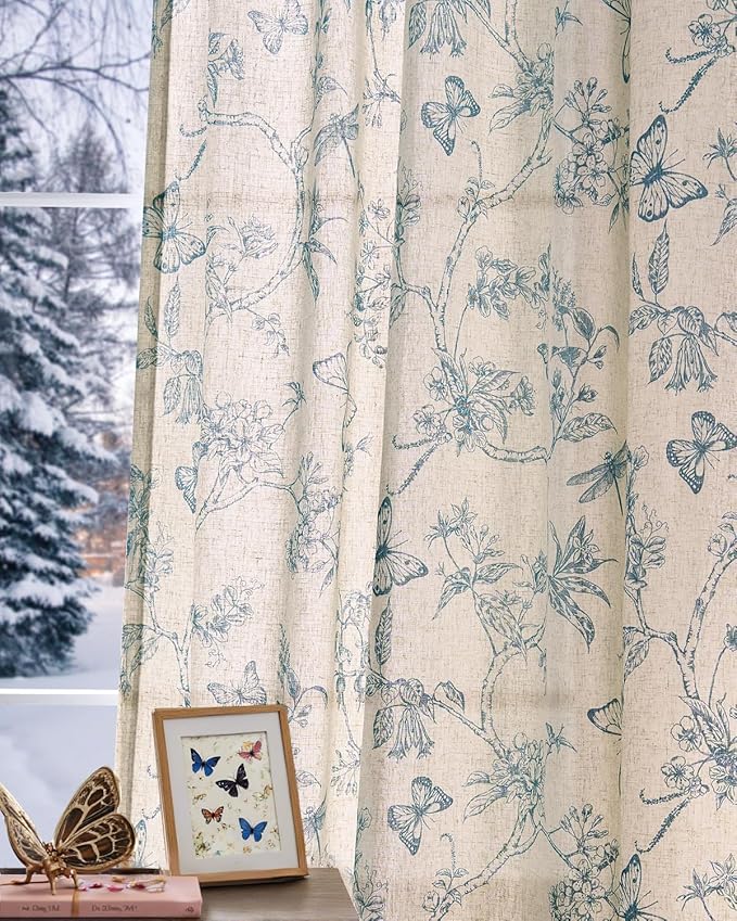 jinchan Floral Linen Curtains for Living Room 84 Inch Length Butterfly Curtain Blue Floral Curtains French Country Farmhouse Curtain Flower Patterned Drapes Window Treatment Set 2 Panels - Image 2