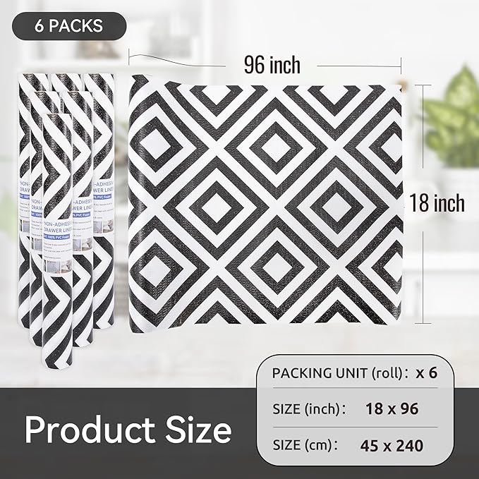 FIFTY FEET 18"x96" Non-Adhesive Shelf Liner for Kitchen Cabinets and Drawers, Washable Non-Slip PVC Cabinet Liner (Black Plaid)(6 Roll) - Image 5