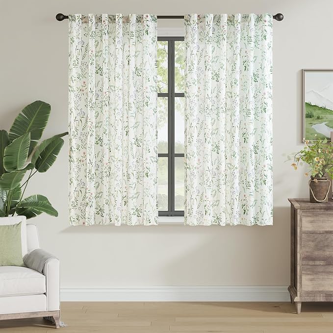 jinchan Floral Linen Blend Curtains for Living Room 63 Inch Length French Country Farmhouse Printed Curtains Sage Green on White Rod Pocket Back Tab Light Filtering Window Drapes 2 Panels by JINCHAN