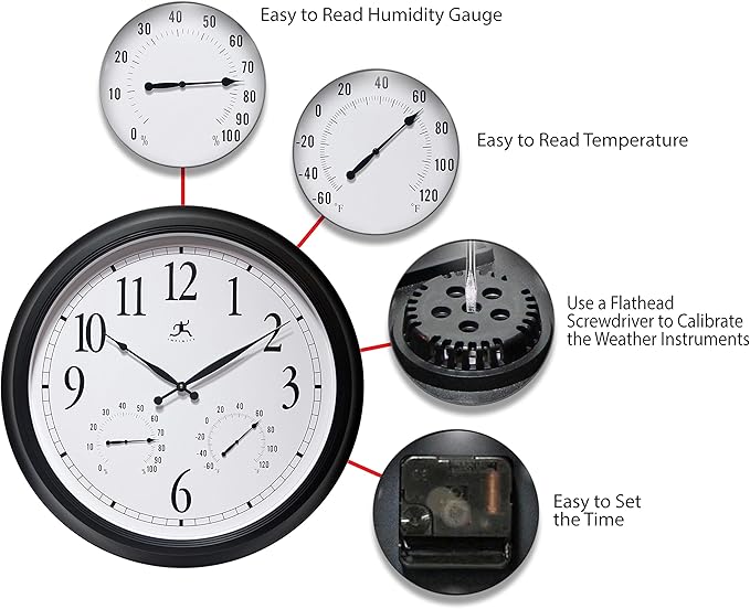 Infinity Instruments 24 inch Classic Black Wall Clock Thermometer Humidity Outdoor | Round Outdoor Wall Clock | Outdoor Indoor Thermometer Clock Hygrometer | Great for Garage, Patio, Pool, Outdoors - Image 6