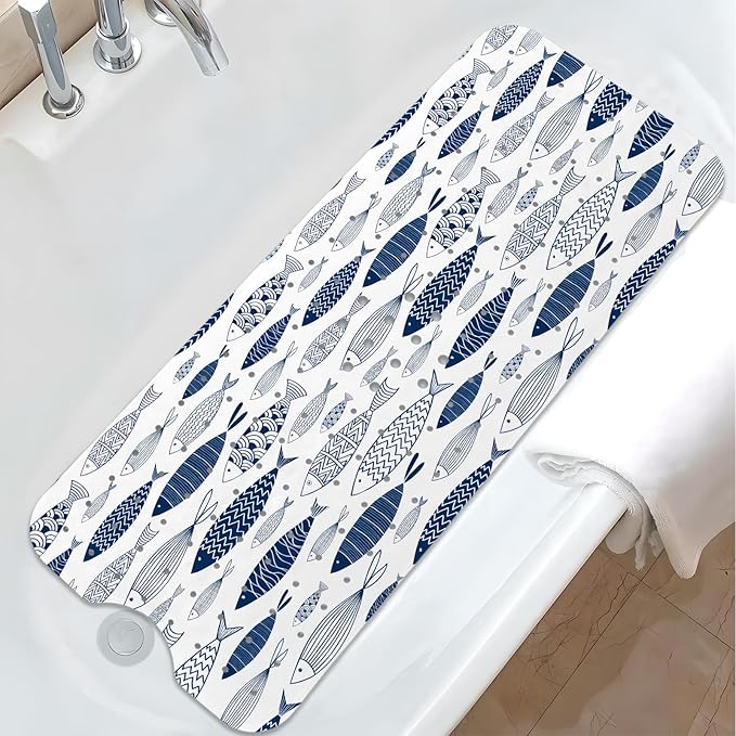 Fish Bathtub Mat Non Slip, Boho Baby Bath Mat for Tub Rubber Tub Mat, Cute Kids Bath Mats for Bathroom Ocean Anti Slip Shower Mat with Suction and Drain Holes Machine Washable, 40″X16″ by Unknown