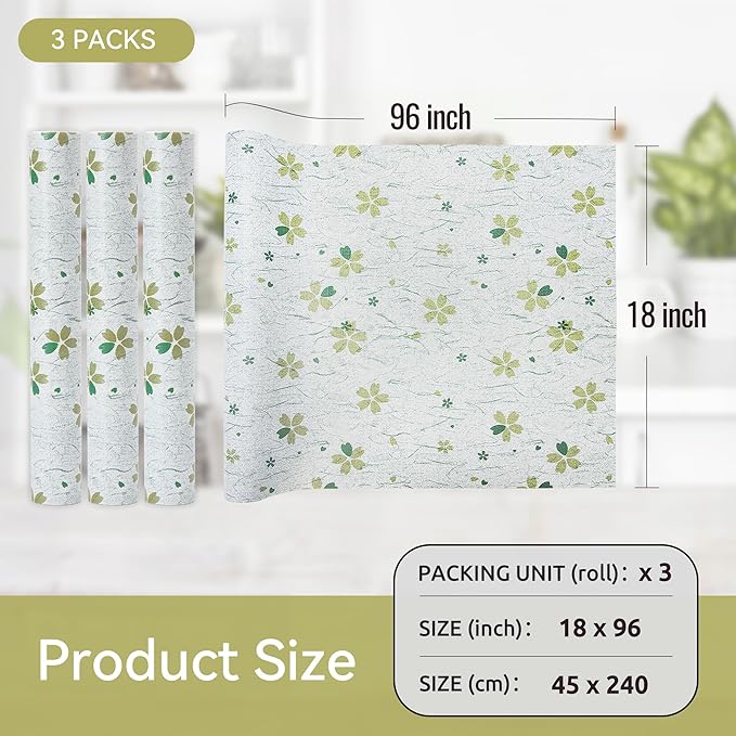 FIFTY FEET 18"x96" Non-Adhesive Shelf Liner for Kitchen Cabinets and Drawers, Washable Non-Slip PVC Cabinet Liner (Green Floral)(3 Roll) - Image 5