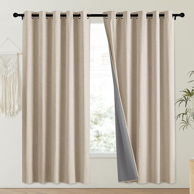 NICETOWN Cream 100% Blackout Linen Curtains 72 inch Long Burg for Playroom, 1 Pair, 62" Width Each Panel, Farmhouse Thick Completely Blackout Window Treatment Thermal Insulated Drapes - Image 2