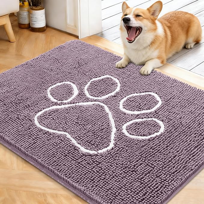 OLANLY Dog Door Mat for Muddy Paws 40x32, Paw Print Design, Absorbs Moisture and Dirt, Absorbent Non-Slip Washable Doormat, Quick Dry Chenille Mud Mat, Entry Indoor Entryway Carpet, Deep Plum by OLANLY