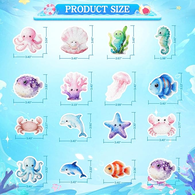32 Pcs Cute Non Slip Bathtub Stickers for Shower Colorful Bathroom Anti Slip Shower Stickers Floor Applique Adhesive Decals with Scraper for Bathtub Bathroom Floor Pools(Sea) - Image 2