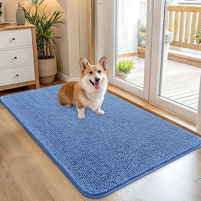 OLANLY Dog Door Mat for Muddy Paws 45x27, Absorbs Moisture and Dirt, Absorbent Non-Slip Washable Doormat, Quick Dry Chenille Mud Mat, Entry Indoor Entryway Carpet for Inside Floor, Cornflower Blue by OLANLY