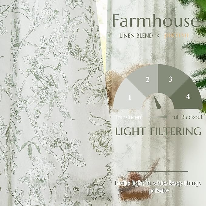 jinchan Floral Curtains 84 Inches Long Sage Green Flower Linen Farmhouse Curtain for Living Room French Country Vintage Curtain Rod Pocket Curtains Set 2 Panels Floral Printed - Image 3