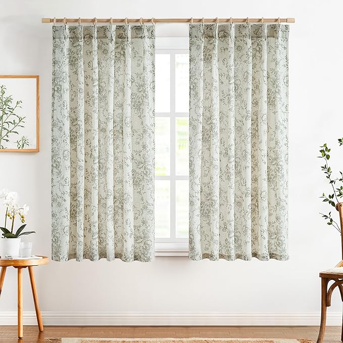 jinchan Pinch Pleated Curtains Floral Linen Blend Curtains for Living Room 63 Inch Length Green Peony Flower Printed Curtain Rod Pocket Back Tab Farmhouse Drapes with Hooks Set 2 Panels - Image 2