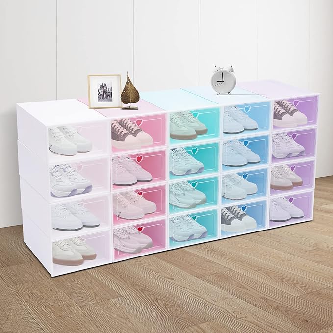 20 Pack Shoe Storage Box, Stackable Clear Plastic Shoes Organizer for Closet, Space Saving Foldable Shoe Rack Sneaker Container Bin Holder with Lids (Colorful) - Image 7