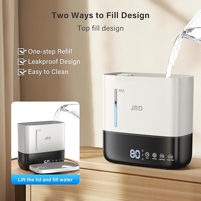 JRD Humidifiers for Bedroom, Ultrasonic Humidifier 4L for Large Room, Cool Mist Top-Fill, 40H Run, 12H Timer, 360° Nozzle, Aroma Diffuser, 7-Color Night Light for Home, Office, Baby(White) - Image 3