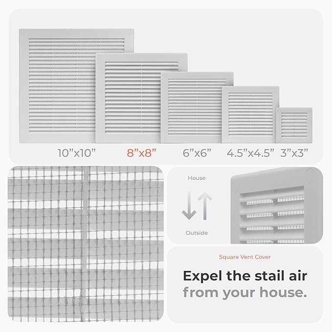 10-Pack 10" x 10" (Outer Size) Square Air Vent Cover – White Plastic Vent Deflector - Screen Mesh, Surface Mount Wall Ceiling – Cold Air Return Soffit Air Vent Cover - Register Indoor Outdoor - Image 3