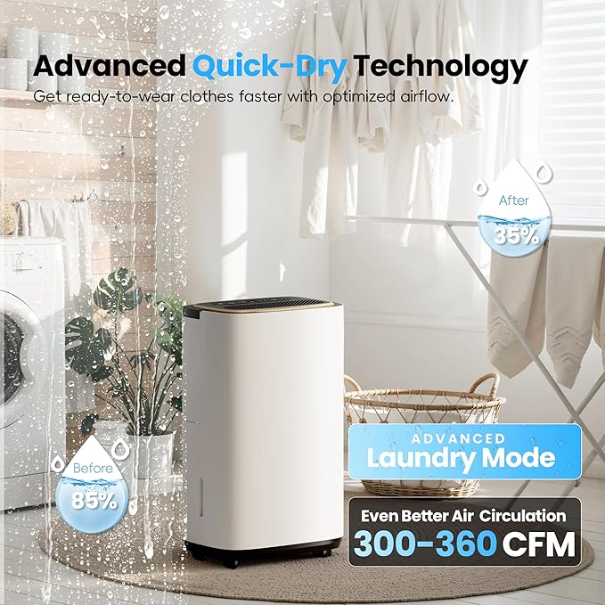 3000 Sq.Ft Dehumidifier, 30PT/24H Dehumidifiers with Drain Hose for Home, Large Compressor Dehumidifier for Basement/Laundry/Bedroom/Office, Dehu/Dry/Air Mode, Humidity Display/Timer/Child Lock - Image 5