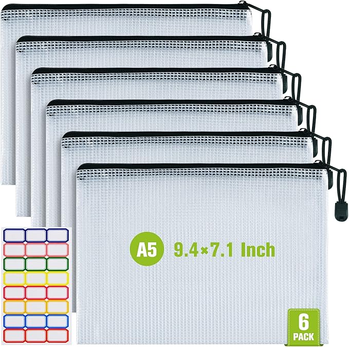 Mesh Zipper Pouch, 6PCS Waterproof Plastic Mesh ZipperBag, A5 Size Tear-Resistant Document Pouch, Extra Large Zip File Bags, for School Office Supplies Home Travel Storage(9.4×7.1 Inch) by AstenInc