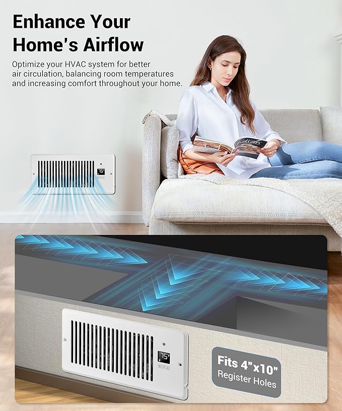 Window Register Booster Vent Fan For 4" x 10" Register Hole, Vent Booster Fan with LCD display & Thermostat,11-Speeds Household Ventilation Fans with Remote,Air Vents Fans Booster for Room, Home - Image 4