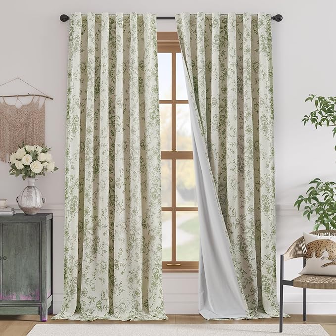 jinchan Linen Blend Floral Curtains for Living Room 96 Inches Extra Long Farmhouse Printed Curtain Back Tab Green Peony Flower Patterned Drapes Bedroom Window Curtains Set 2 Panels by JINCHAN