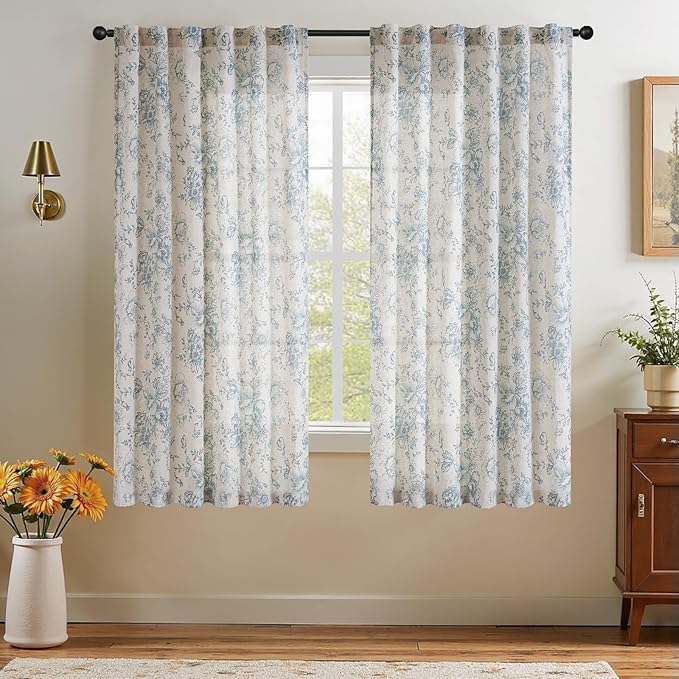 jinchan Linen Blend Curtain Floral Curtains for Living Room 54 Inch Length Blue Printed Curtain Rod Pocket Back Tab Farmhouse Peony Flower Patterned Drapes Bedroom Window Curtains Set 2 Panels - Image 7