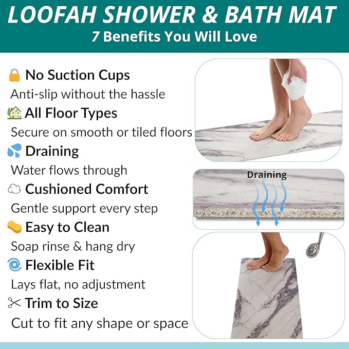 Non Slip Bathtub Mat Shower Mat for Tub - Loofah Bath Mats for Bathroom - 31x16 Bathtub Floor Mat - Textured Anti Slip Bath Mat Without Suction Cups - Secure Mat for Wet Areas (31x16 Marble Gray) - Image 4