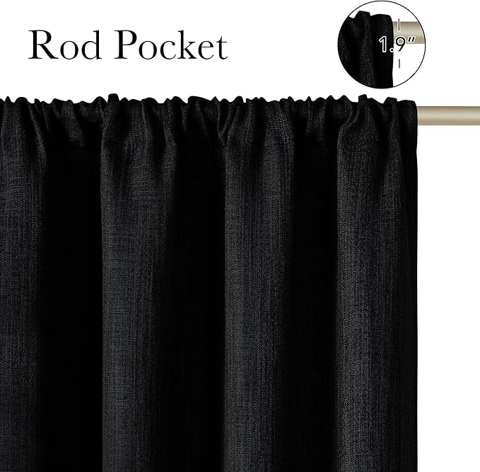 NICETOWN Black Faux Linen Room Darkening Rod Pocket Curtains 63 inch Length, W42 x L63, Light Blocking Thermal Insulated Noise Reducing Drapes for Bedroom Living Room Farmhouse Decor, 2 Panels - Image 2