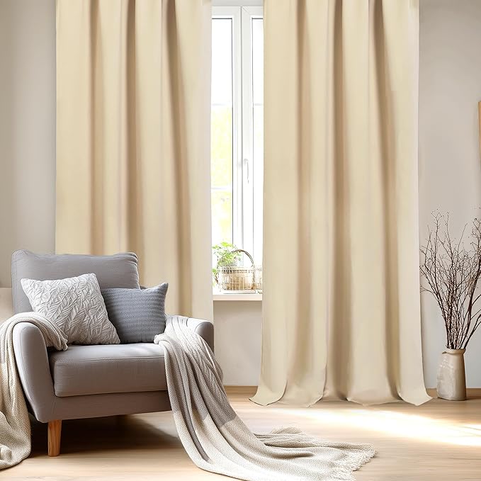 DWCN Blackout Curtains for Bedroom – Rod Pocket Thermal Insulated Noise Reducing Noise Reducing Drapes for Living Room, W 52 x L 95 Inch, 2 Panels, Beige - Image 2