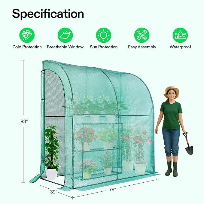 VIVOSUN Lean-to Greenhouse, 6.6’ x 3.3’ x 6.9’ Portable Wall House with Green PE Cover and Shelf for Compact Garden 79x39x83-Inch - Image 2