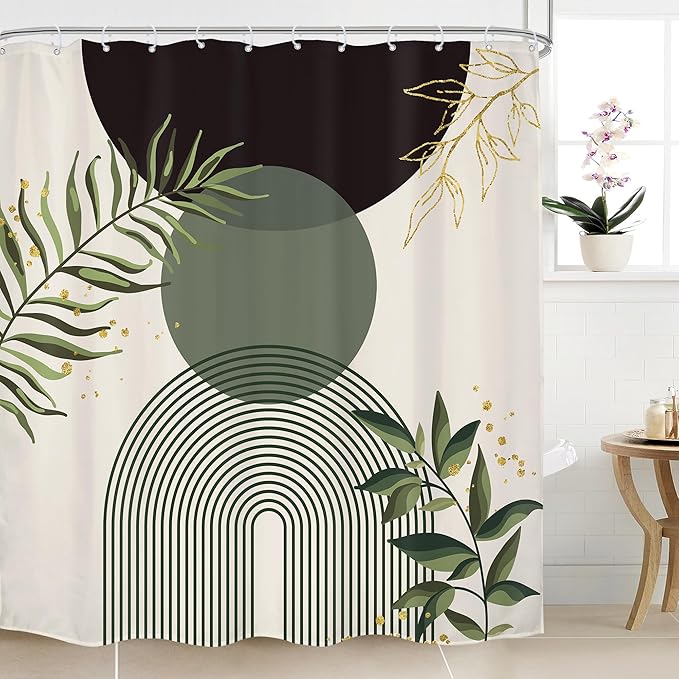 Dark Green Boho Shower Curtain 72Wx72H Black Bohemian Modern Abstract Plant Leaves Minimalist Geometric Bathroom Decor Mid Century Plant Neutral Bath Curtain Fabric Polyester 12 Pack Hooks by MitpokBrand