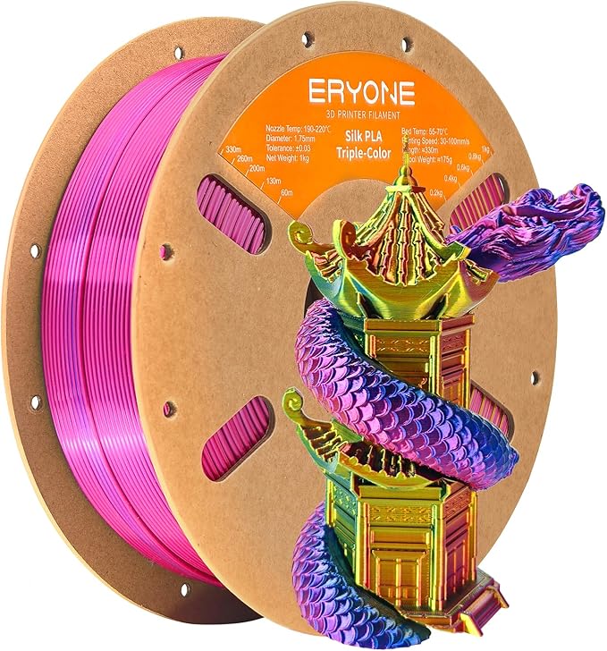 ERYONE Silk Tri Color PLA Filament 3D Printer 1.75mm +/- 0.03mm, Multicolor Filament Tricolor PLA 1KG(2.2lbs) Cardboard Spool, Red Yellow Blue by ERYONE