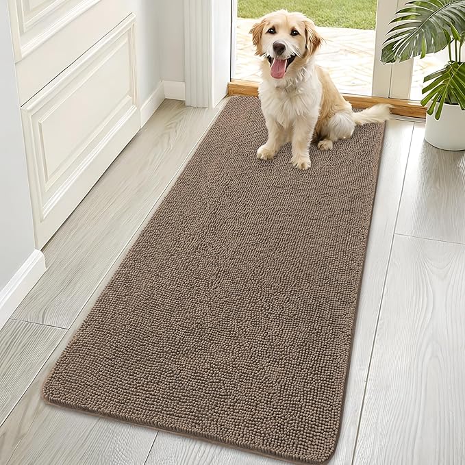 OLANLY Dog Door Mat for Muddy Paws 70x35, Absorbs Moisture and Dirt, Absorbent Non-Slip Washable Doormat, Quick Dry Chenille Mud Mat for Dogs, Entry Indoor Entryway Carpet for Inside Floor, Tan by OLANLY