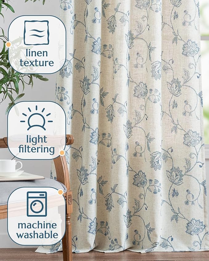 jinchan Linen Curtains Floral Curtain 84 Inch Length for Living Room Bedroom Light Filtering Rod Pocket Back Tab Jacobean Curtains Flax Linen Texture Window Drapes Set 2 Panels Blue on Linen - Image 4