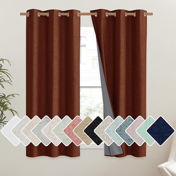 NICETOWN 100% Absolutely Blackout Linen Curtains with Thermal Insulated Liner, 42" Wide, 2 Panels, 63" Long Drapes, Grommet Retro Burnt Orange Linen Curtains Vertical Drapes Privacy for Bedroom by NICETOWN