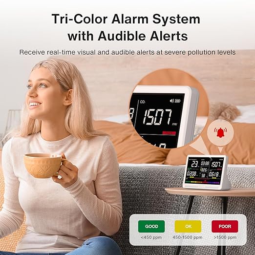 16 in 1 Air Quality Monitor Indoor 7" Display 9 AQI+7 AQI Alerts, CO2 Monitor Air Quality Tester for CO2, TVOC, PM2.5 PM1.0 PM10, HCHO Temperature Humidity AQI & Time Air Quality Meter for Home - Image 3