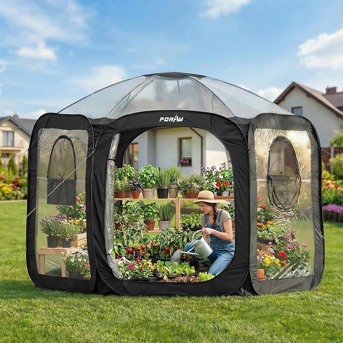 Porayhut Pop Up Greenhouse Tent,Portable Large Walk-in Plant House 10’X10’ ,Indoor Outdoor Gardening Plant Sunshine Room with PVC Mesh Cloth Cover for Protecting Plant from Cold Frost & Birds by porayhut