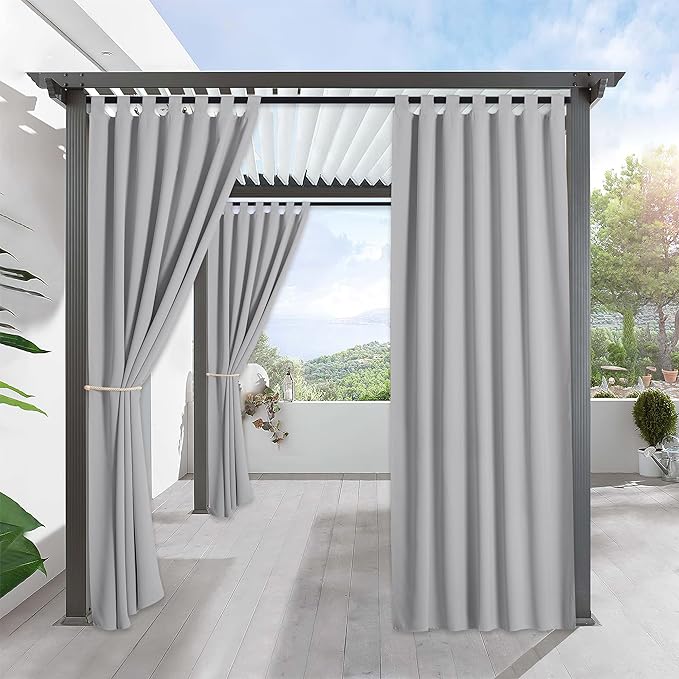 RYB HOME Outdoor Curtains for Patio Waterproof Tab Top Block Sunlight Thermal Insulated Privacy Assured Thick Outside Curtains for Porch, Pergola, Pool, W52 x L84, Light Grey, 1 Panel by RYBHOME