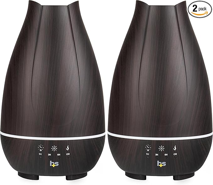 HealthSmart Essential Oil Diffuser, Cool Mist Humidifier and Aromatherapy Diffuser with 500ML Tank Ideal for Large Rooms, Adjustable Timer, Mist Mode and 7 LED Light Colors, Brown (Pack of 2) by HealthSmart