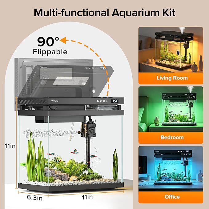 Fish Tank, 2.2 Gallon Glass Aquarium, Small Fish Aquarium Kits with Smart Humidifier, Auto Feeder, Silent Water Pump, Temperature Display & 7-Color Lighting, for Office & Home - Black - Image 6