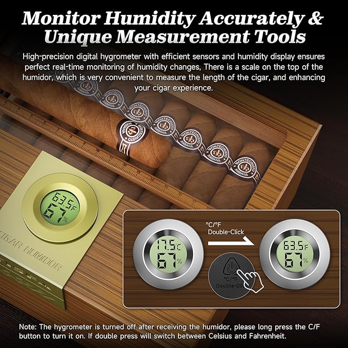 TISFA Cigar Box Handcrafted Humidor with Hygrometer and Humidifier, Cedar Wooden Humidor Case with Drawer, Divider, Cigar Length Gauge, Desktop Humidor Box Gifts Cigar Accessories (Light) - Image 8
