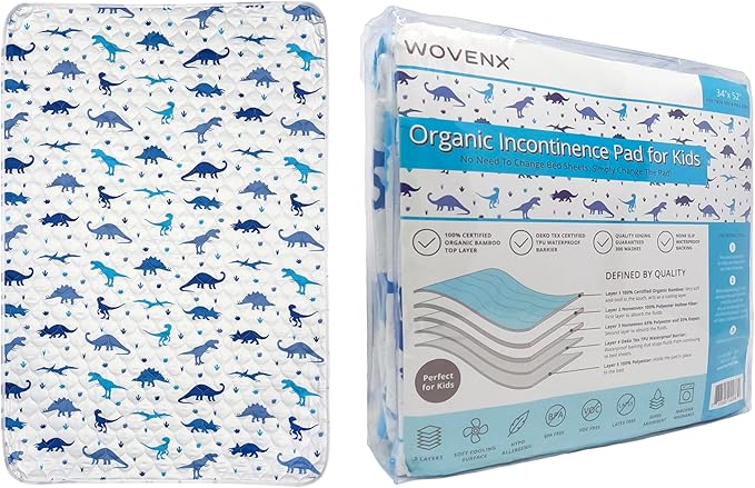 Organic Incontinence Pads for Kids & Toddlers - 5 Layer Waterproof Protectors for Overnight Bed Wetting - Reusable & Washable Pee Pads - Fits Twin to Full Size Beds - 34" x 52" Dinosaur - Image 9