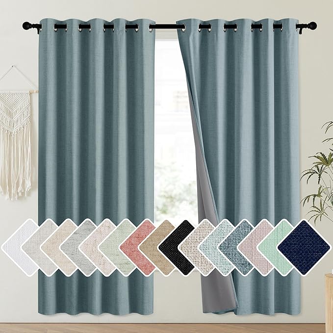 NICETOWN 100% Absolutely Blackout Linen Curtains with Thermal Insulated Liner, Skylark Blue, 62" Wide, 72" Length Energy Saving Curtains for Playroom 2 Panels Set, Vertical Blinds by NICETOWN
