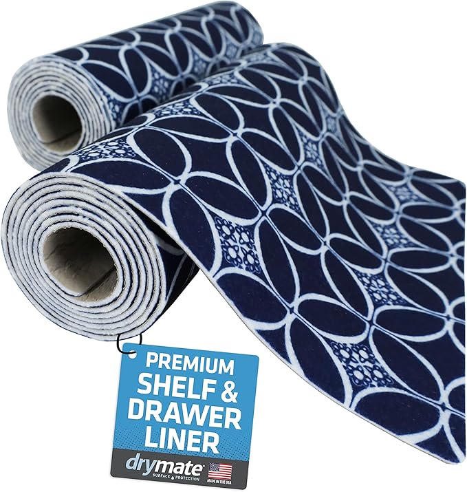 Drymate Premium Luxury Shelf & Drawer Liner, Thick Cushioned Fabric, Non-Adhesive, Absorbent, Waterproof, Slip-Resistant, Liners for Kitchen Cabinets, Cupboards (USA Made)(12”x59”)(2-Pack)(Indigo) by Drymate