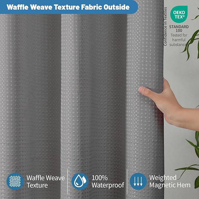 2-in-1 Waterproof Fabric Shower Curtain - No Separate Liner Needed, Hotel-Style Waffle Weave, Effortless Cleaning & Washable Bathroom Shower Curtain Set,72Wx78H,Grey - Image 8