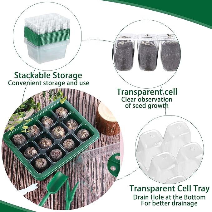 10 Sets Seed Starter Tray Kit Seed Starter Trays with Humidity Dome and Base Include 120 Peat Pellets 200 Plant Labels Garden Tools Plant Germination Tray Set for Indoor Outdoor Planting, Green - Image 4