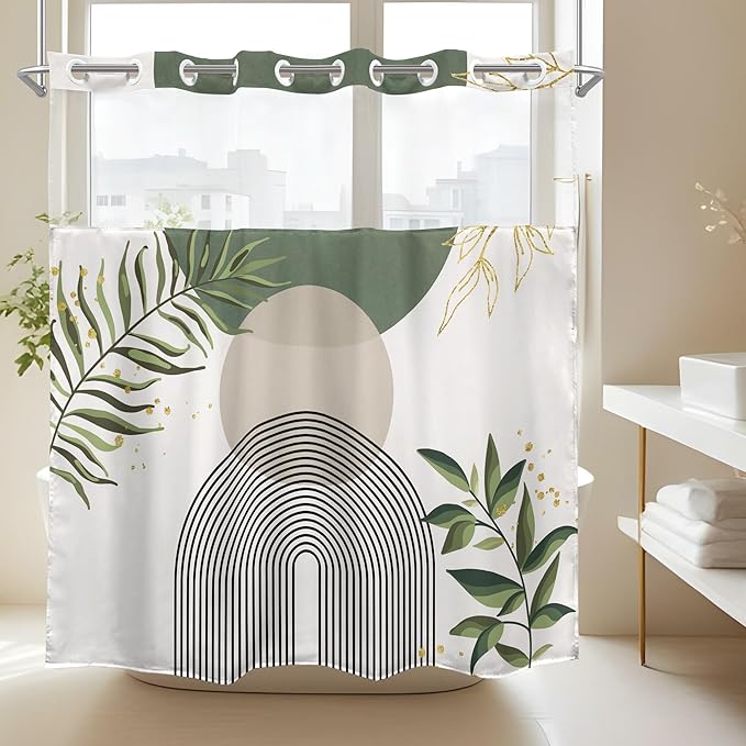 Sage Green Boho No Hooks Shower Curtain with Snap in Liner 72Wx72H Modern Mid Century Abstract Gold Leaves Minimalist Geometric Bathroom Decor Neutral Aesthetic Bath Curtain Fabric Polyester - Image 3