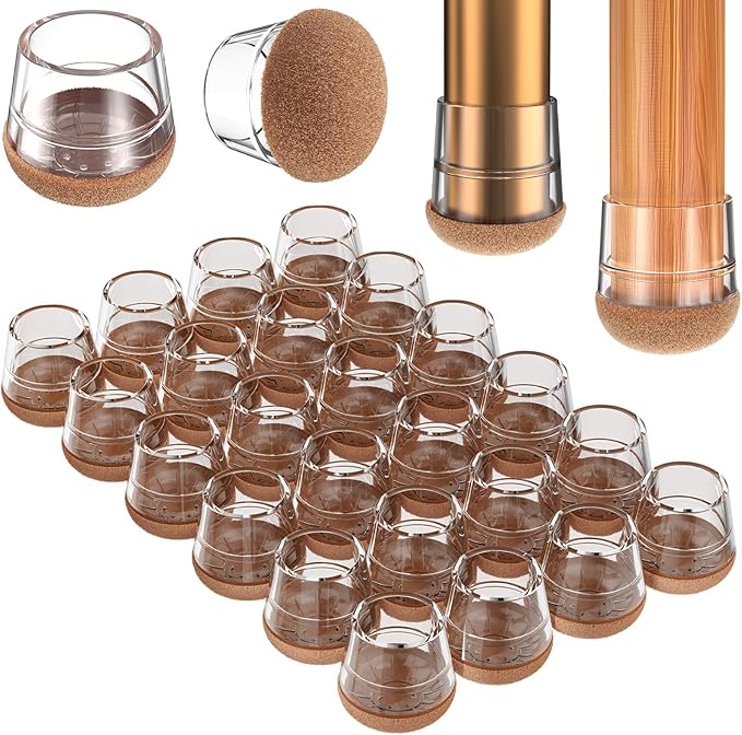 Chair Leg Floor Protectors Medium 24Pcs,Silicone Chair Leg Protectors for Hardwood Floors/Tiles,360°Wrapped Felt Bottom to Prevent Scratch and Reduce Noise, Round Clear by YTEACIUL