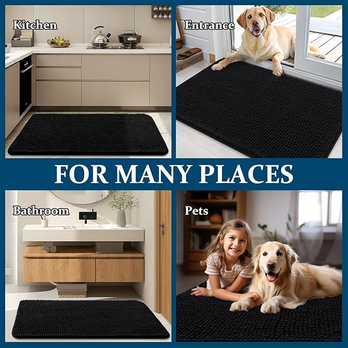 OLANLY Dog Door Mat for Muddy Paws 70x32, Absorbs Moisture and Dirt, Absorbent Non-Slip Washable Doormat, Quick Dry Chenille Mud Mat for Dogs, Entry Indoor Entryway Carpet for Inside Floor, Black - Image 8