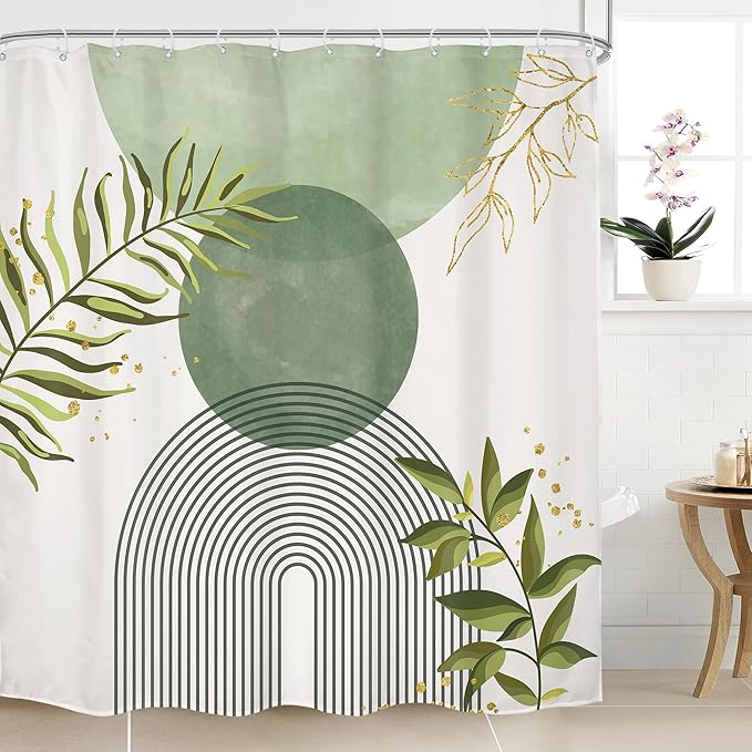 Sage Green Boho Shower Curtain 72Wx72H Modern Abstract Bohemian Leaves Minimalist Neutral Botanical Geometric Arch Bathroom Decor Mid Century Plant Bath Curtain Fabric Polyester 12 Pack Hooks by MitpokBrand