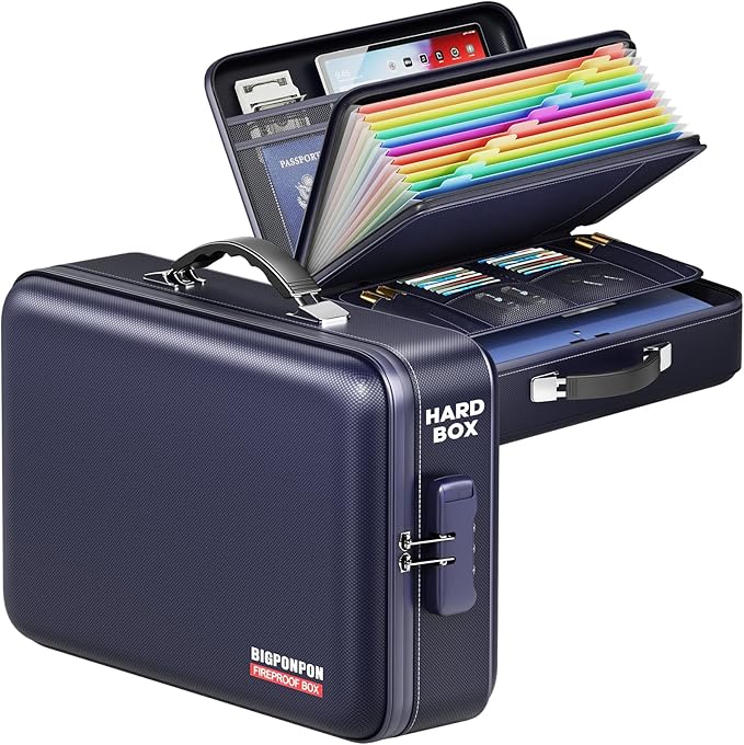 Fireproof Document Box, Hard Case Highly Flame-Resistant Fire Proof Waterproof File Organizer with Lock, Portable Fire Safe for Important Documents & Valuables Storage (Blue, ‎16"*12"*5") by BigPonPon