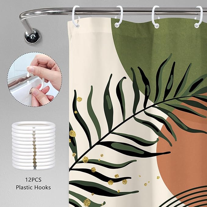 Green Boho Shower Curtain 60Wx72H Abstract Bohemian Modern Leaves Mid Century Minimalist Contemporary Plant Bathroom Decor Simple Neutral Bath Curtain Fabric Polyester 12 Pack Hooks - Image 6
