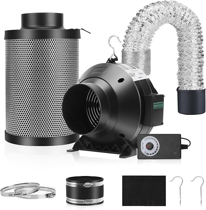 MELONFARM Air Filtration Kit, 4" 190 CFM Inline Duct Fan with Speed Controller, 12" High Carbon Filter, 8 Ft Ducting & Rubber Coupler, Air Cooling and Filtration Kit for Grow Tent, Hydroponics by MELONFARM