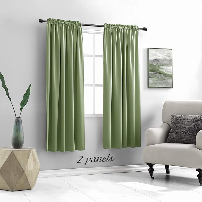 DONREN Sage Green Blackout Curtain Panels for Small Window - Thermal Insulated Room Darkening Rod Pocket Curtains for Bedroom (52 by 63 Inch,2 Panels) - Image 2